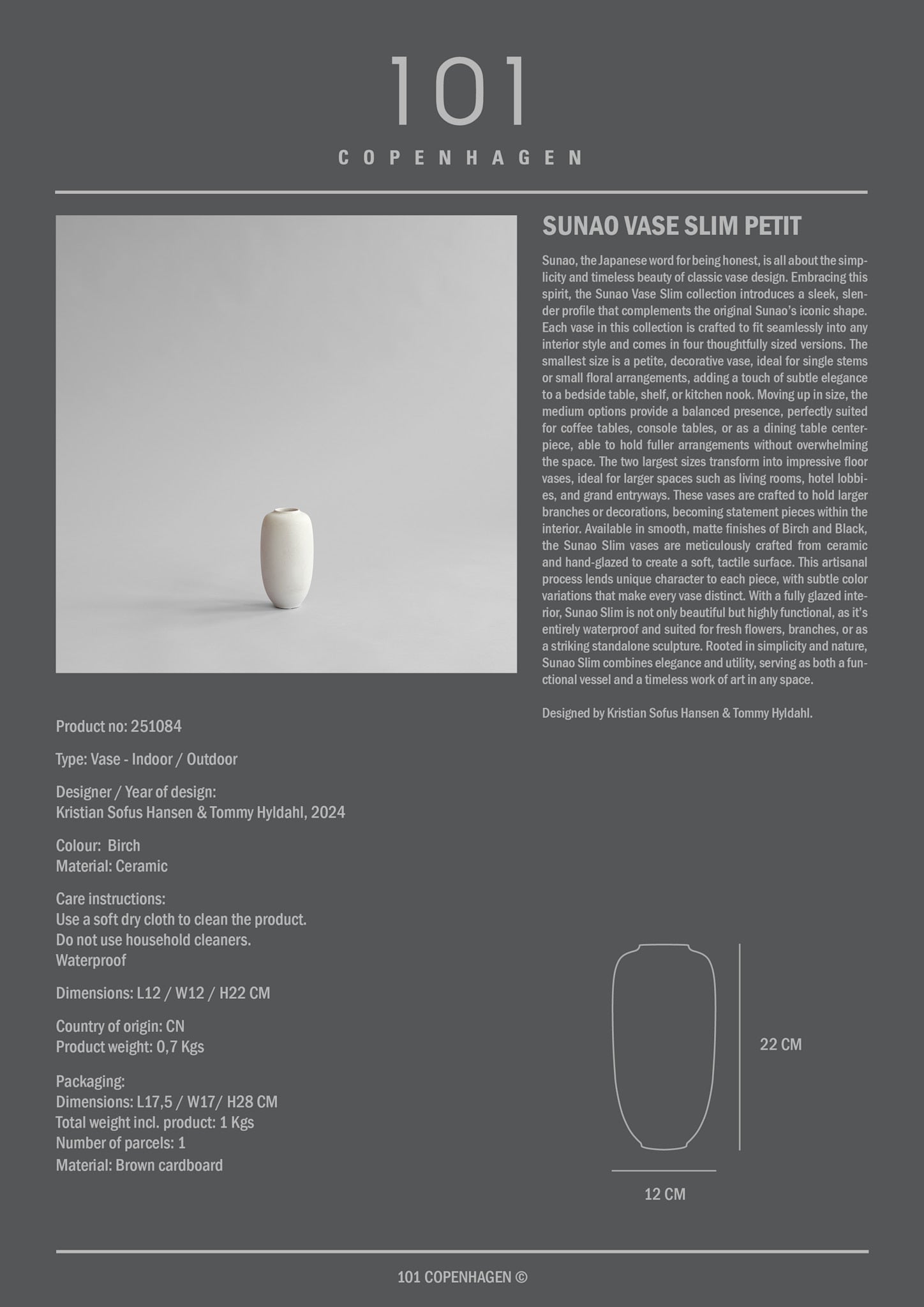 101 Copenhagen - Sunao Vase Slim, Petit - Birch - Vase