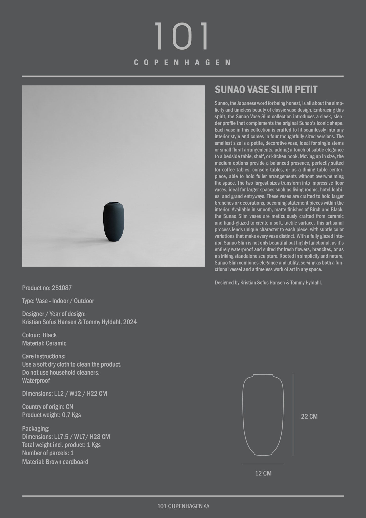 101 Copenhagen - Sunao Vase Slim, Petit - Black - Vase