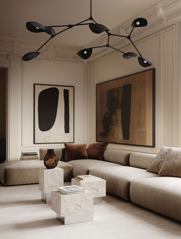 101 Copenhagen Stingray chandelier, Temple coffee tables and Bakku vases